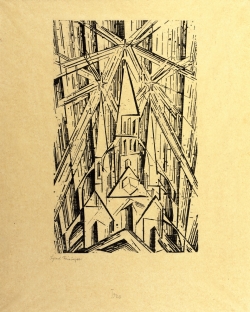 Lyonel FEININGER (1871-1956), Cathedral [large plate], 1919, woodcut, 30.8 x 19.1 cm. Frontispice du programme du Staatliches Bauhaus Weimar, 1919. Collection particulière. © Maurice Aeschimann — © ADAGP, Paris, 2015