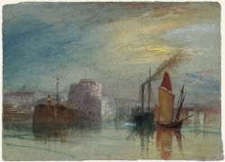 Joseph Mallord William TURNER (1775-1851), Le Havre : Tour François Ier, vers 1832 pour Turner’s Annual Tour, 1834, gouache et aquarelle sur papier bleu, 14 x 19,2 cm. Londres, Tate: Accepté par la Nation dans le cadre du legs Turner, 1856. © Tate, Londres, 2017