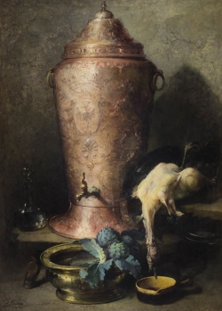 Guillaume Romain FOUACE (1837-1895), À la cuisine Nature morte , 1894, huile sur toile, 181 x 128 cm. Le Havre, musée d’art moderne André Malraux. © MuMa Le Havre / Charles Maslard