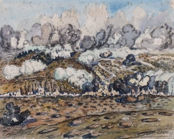 Albert COPIEUX (1885-1956), Attaque du Chemin des Dames (recto), 1917, aquarelle, fusain et gouache sur papier vergé. © MuMa Le Havre / Charles Maslard