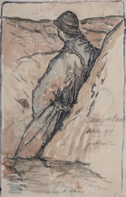 Albert COPIEUX (1885-1956), Le Guetteur - octobre 1917. Chemin des Dames (recto), 1917, crayon noir, aquarelle et gouache sur papier. © MuMa Le Havre / Charles Maslard