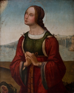 Attribué à Lorenzo di Ottavio COSTA (ca. 1460-1535), Sainte Marguerite Campana, huile sur bois, 45,5 x 37 cm. © MuMa Le Havre / David Fogel Attribué à Lorenzo di Ottavio COSTA (ca. 1460-1535), Sainte Marguerite Campana, huile sur bois, 45,5 x 37 cm. © MuMa Le Havre / David Fogel