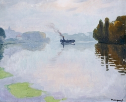 Albert MARQUET (1875-1947), Herblay. Automne. Le Remorqueur, 1919, huile sur carton entoilé, 33 x 41 cm. Le Havre, musée d’art moderne André Malraux, don de la famille Siegfried, 2020. © MuMa Le Havre / Charles Maslard