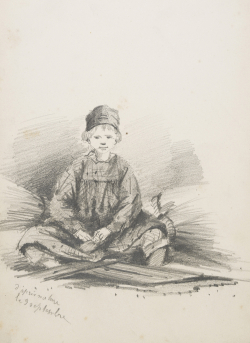 Claude MONET (1840-1926), Enfant assis à la poupée, Carnet de dessins n° 2, “D’après nature / le 9 septembre”, 1856, Crayon noir sur papier, 20 x 27 cm. 'Collection particulière