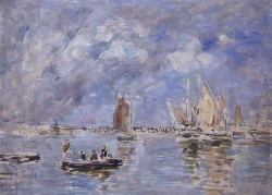 Eugène BOUDIN (1824-1898), Barques et estacade , ca. 1894-1897, huile sur toile, 40 x 55 cm. © MuMa Le Havre / Florian Kleinefenn