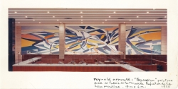 Hall d’accueil de la nouvelle Préfecture de la Seine-Maritime, sur le mur du fond la peinture Expansion (la peinture murale mesurait 4 x 17 m). Photographie collée sur carton et annotée par Reynold Arnould, 1965. Collection Rot-Vatin