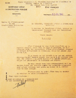 Courrier d’Abel Bonnard, ministre de l’Éducation nationale, à Fernand de Brinon, délégué du gouvernement français dans les territoires occupés, à propos de l’affectation de Reynold Arnould au STO, 10 juillet 1943, Rome. ©  Archives de la Villa Médicis