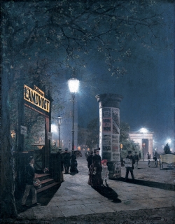 Carl Saltzmann, Premier éclairage électrique dans les rues de Berlin sur la Potsdamer Platz, 1884.  Huile sur toile, 74,5 x 58,5 cm. Francfort, Museumstiftung Post und Telekommunication/ Museum für Kommunication . © Museum für Kommunikation