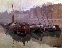Santiago Rusiñol - Péniches sur la Seine Santiago Rusiñol - Péniches sur la Seine