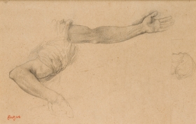 Edgar DEGAS (1834-1917), Étude de bras et étude de tête , vers 1860-1862, graphite sur papier vélin,  23.5 x 32.2 cm. Collection Olivier Senn. Donation Hélène Senn-Foulds, 2004. © 2005 MuMa Le Havre / Florian Kleinefenn