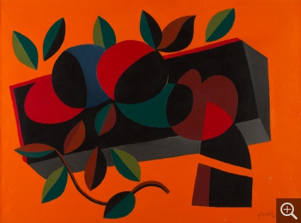 Léon GISCHIA (1903-1991), Feuilles et fruits sur fond orange, 1949, huile sur toile, 53,8 x 73,2 cm. Le Havre, musée d'art moderne André Malraux, achat de la Ville,1953. © 2011 MuMa Le Havre / Charles Maslard © ADAGP, Paris 2020