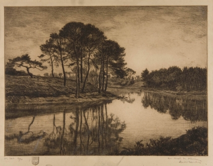 André DAUCHEZ (1870-1948), Les Pins se mirant dans l'eau, gravure sur papier, 57,7 x 47,8 cm. Le Havre, musée d’art moderne André Malraux. © 2005 MuMa Le Havre / Florian Kleinefenn